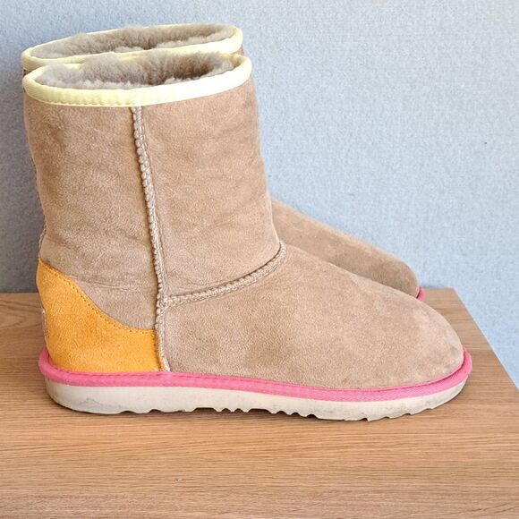 UGG Womens 6 Kids 5 37 Classic Short II Boots Tan Pink Orange Colorblock Neon - Picture 2 of 13